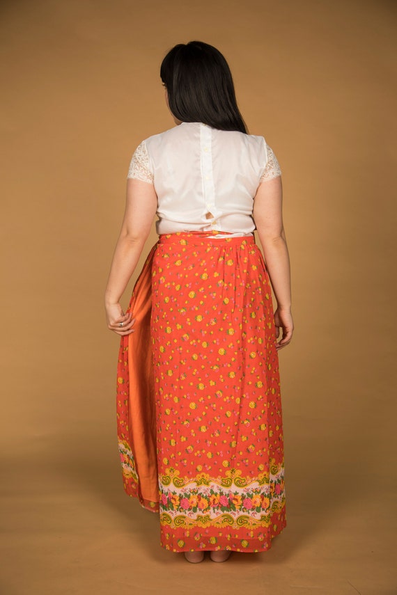Lovely 1970s Maxi Wrap Skirt Apron Orange Pink Ye… - image 6