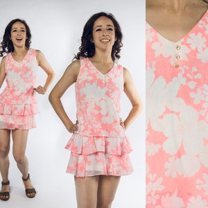 Fun 1960s Neon Pink Psychedelic Drop 3 Tiered Skirt Mini Dress by Suz California  - Small, Medium