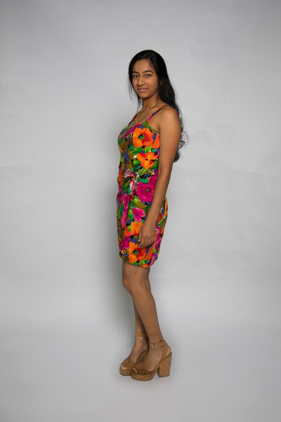 1980s Does 1950s Pinup Hawaiian Dress by Concept Neon Pinks Orange Blues Green - Small View 5