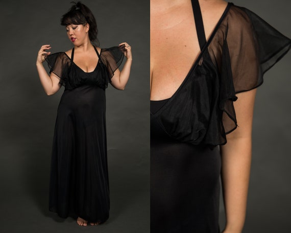 1980s Vassarette Black Night Gown with Sheer Butt… - image 1