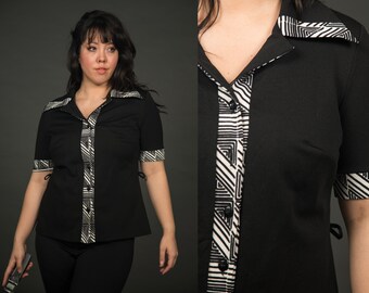 Cute 1970s Black Button Up with Geometric Black & White Pattern Trim - Large, Extra Large, 1x