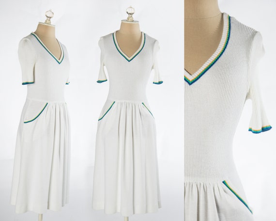 Fun 1970s White Knit Dress with Rainbow Details by
