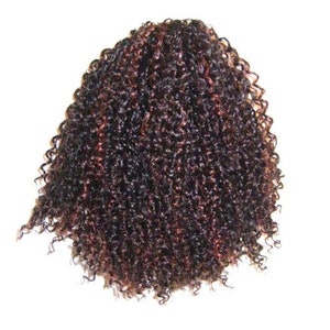 May include: A mass of dark brown and auburn curly hair, likely a wig or hair extension, against a white background. The curls are tightly coiled and vary in size, creating a textured appearance. The hair appears to be synthetic.