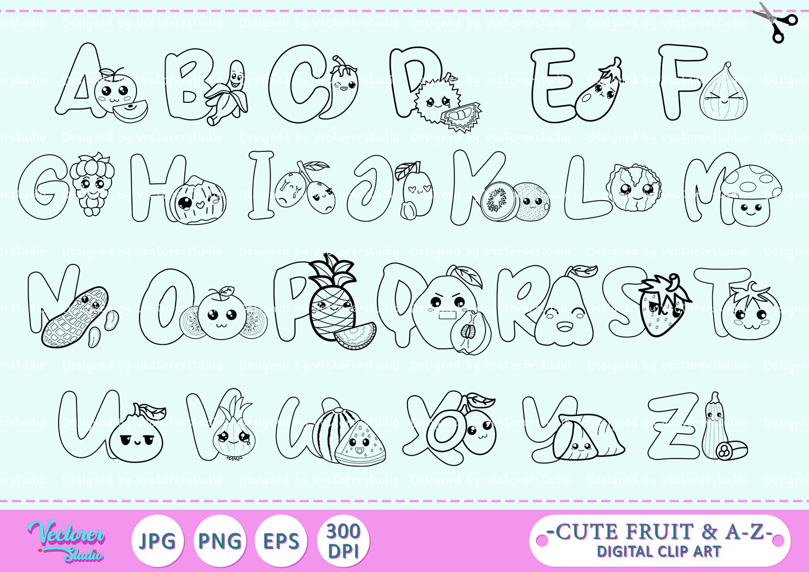 Fruit Alphabet Clip Art, Fruit A to Z Clipart, Cute A-z Clipart ...