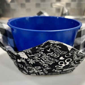 Black & white Recipe for Friendship fabric, microwaveable bowl cozy with reversible buffalo plaid fabric (bowl not included).