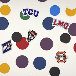 May include: A collection of colorful confetti dots and college logo stickers. The stickers include logos for TCU, LMU, NC State, Occidental, and another with a stylized eagle. The dots are in various colors, including purple, blue, and yellow.