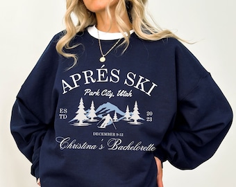 Custom winter bachelorette sweatshirt, Apres Ski Mountain Bach party shirts, Personalized bridesmaids crewneck, Winter bridal shower gift