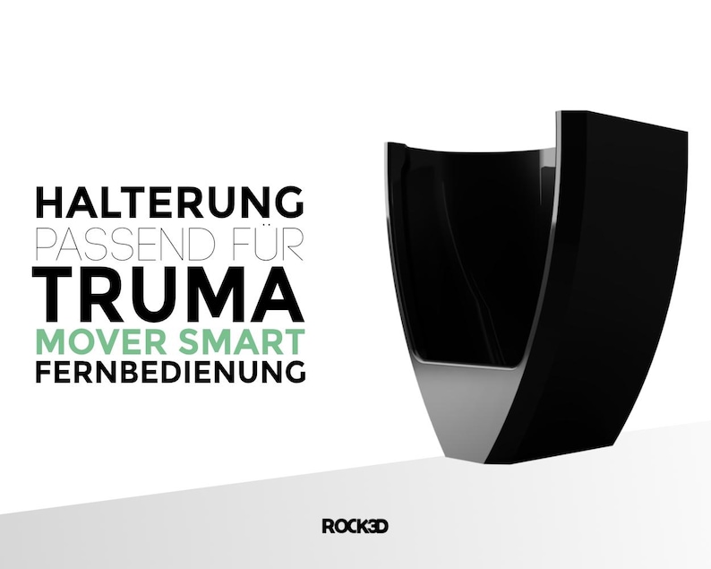 May include: Black holder for a Truma Mover Smart remote control. The holder is made of plastic and has a silver trim. The text "Halterung passend f&uuml;r Truma Mover Smart Fernbedienung" is printed on a white background.