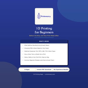 Pode incluir: Um guia digital intitulado 3D Printing for Beginners: Before You Buy, and Your First Week After da Printomancy. O documento inclui 9 páginas, cobre fabricação aditiva, FDM, resina, materiais, fatiadores e configuração, disponível em PDF.