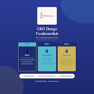 Op de afbeelding: Een digitale afbeelding voor een 3-delige boekenreeks getiteld CAD Design Fundamentals van Printomancy. De afbeelding toont drie rechthoekige boekomslagen in donkerblauw, lichtblauw en goud, gelabeld Book 1 Basics, Book 2 Intermediate en Book 3 Advanced.