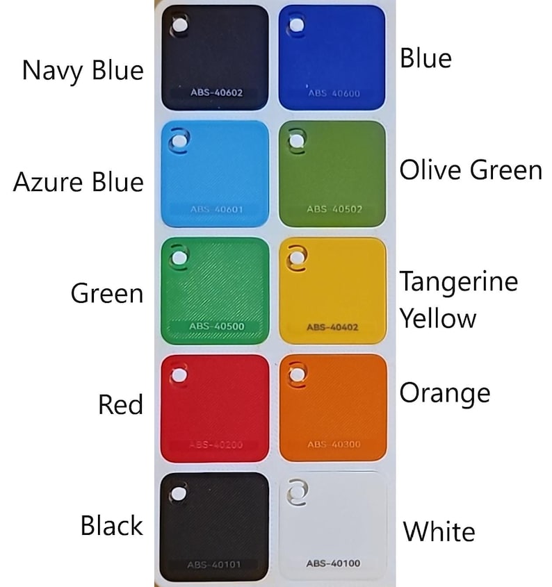 Puede incluir: Una carta de colores con 10 colores diferentes, incluyendo azul marino, azul celeste, verde, rojo, negro, azul, verde oliva, amarillo mandarina, naranja y blanco. Cada color est&aacute; etiquetado con su nombre y un c&oacute;digo ABS correspondiente.