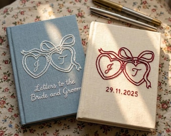 Libro de firmas personalizado para bodas, diario de lino bordado a mano, cartas para los novios, lazo coqueto con medallón en forma de corazón, recuerdo de boda.