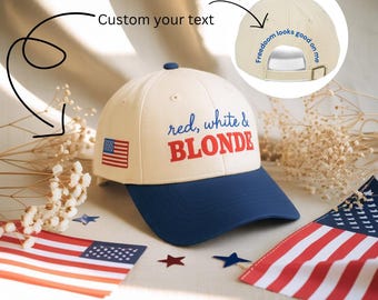 Embroidered Red White And Blonde Hat, Patriotic Embroidered baseball Cap, 4th of July Washed Hat, American Flag Trucker Cap