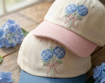 Personalized Blue Hydrangea Embroidered Baseball Cap, Two-Tone Botanical Sun Hat