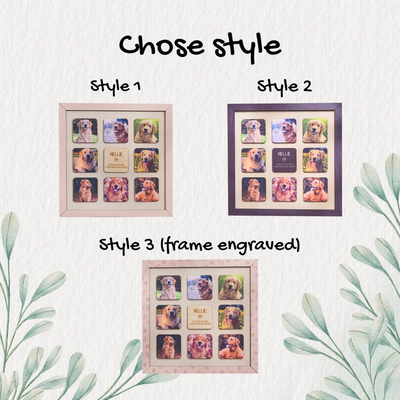 Puede incluir: Tres marcos de fotos cuadrados con nueve fotos de perros cada uno. Los marcos est&aacute;n etiquetados como "Style 1", "Style 2" y "Style 3". Cada marco tiene un cuadrado central con el nombre "NELLIE". El texto "Chose style" est&aacute; en la parte superior.