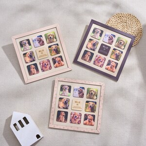 Puede incluir: Tres collages de fotos enmarcados con im&aacute;genes de un golden retriever. Cada marco tiene un color diferente: rosa claro, marr&oacute;n oscuro y rosa claro. Cada collage tiene 12 fotos individuales. La foto central de cada marco tiene el nombre "Nellie" y el texto "Once in my heart, always in my heart."