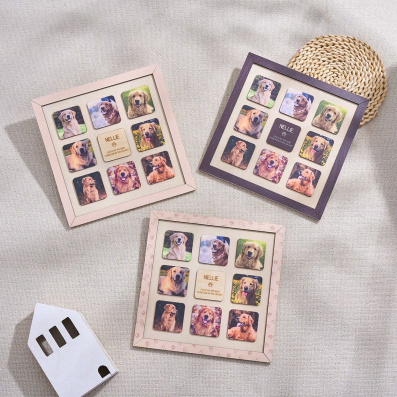 Puede incluir: Tres collages de fotos enmarcados con im&aacute;genes de un golden retriever. Cada marco tiene un color diferente: rosa claro, marr&oacute;n oscuro y rosa claro. Cada collage tiene 12 fotos individuales. La foto central de cada marco tiene el nombre "Nellie" y el texto "Once in my heart, always in my heart."