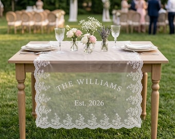 Custom Wedding Sheer Lace Table Runner, Personalized Sweetheart Table Sign, Wedding Reception Table Decor