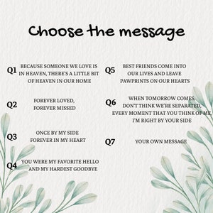 Puede incluir: Impresi&oacute;n digital con el texto "Elige el mensaje". Se enumeran siete opciones de mensajes, incluyendo "Siempre amado, siempre extra&ntilde;ado" y "Tu propio mensaje". El fondo es de color beige claro con detalles florales.