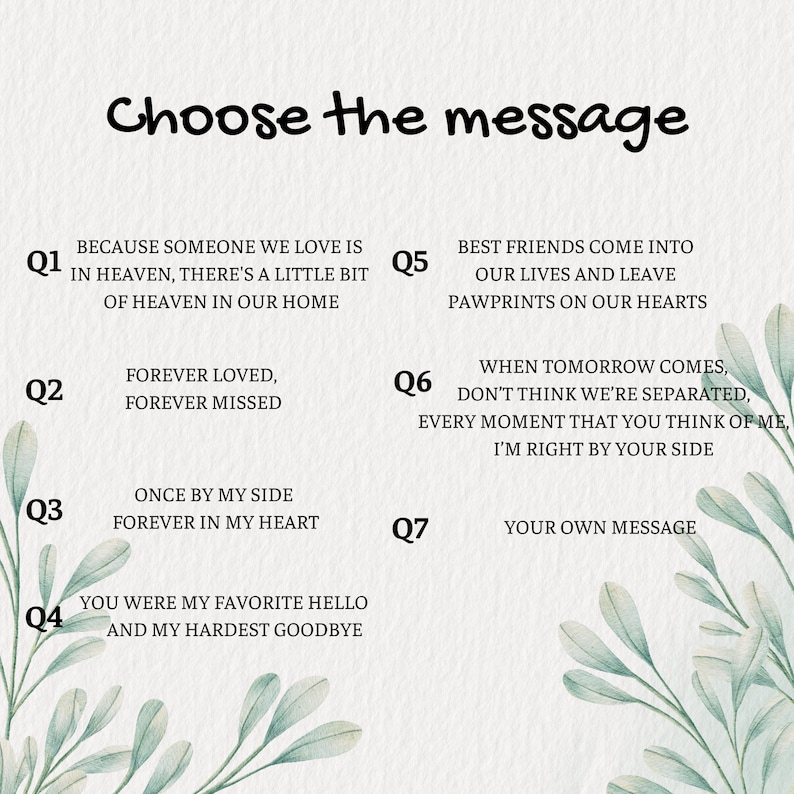 Puede incluir: Impresi&oacute;n digital con el texto "Elige el mensaje". Se enumeran siete opciones de mensajes, incluyendo "Siempre amado, siempre extra&ntilde;ado" y "Tu propio mensaje". El fondo es de color beige claro con detalles florales.