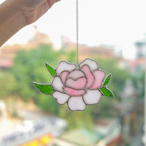 Peony Flower Stained Glass Suncatcher, Spring Gift, House Home Decor, Window Hangings, Glass Wall Art, Mother&#39;s Day Gift