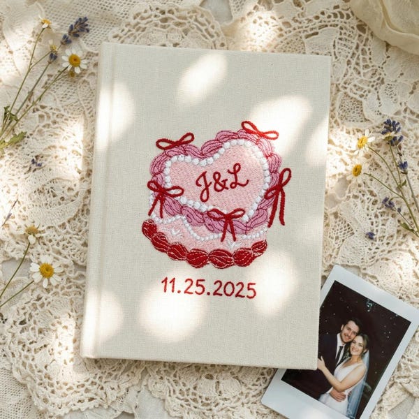 Embroidered Linen Guest Book: Custom Floral Heart Photo Album, Wedding Keepsake, Personalized Vow Book