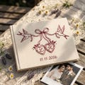 Personalized Embroidered Wedding Guest Book, Love Birds & Heart Monogram Linen Album, Custom Wedding Keepsake