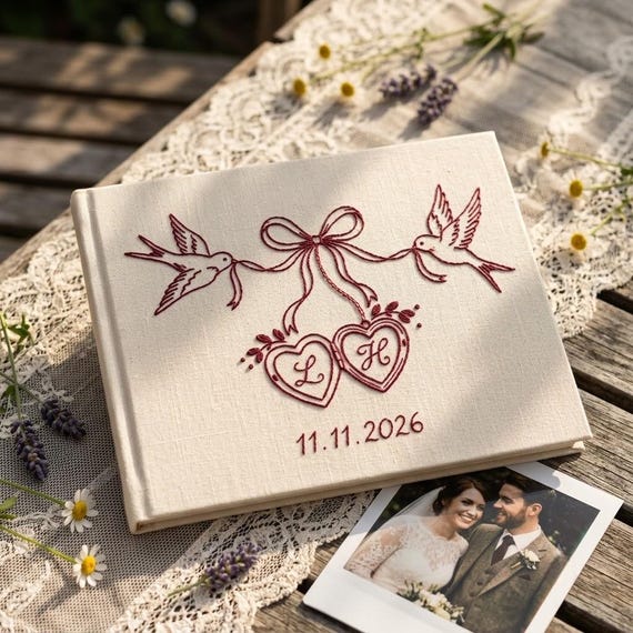 Personalized Embroidered Wedding Guest Book, Love Birds & Heart Monogram Linen Album, Custom Wedding Keepsake