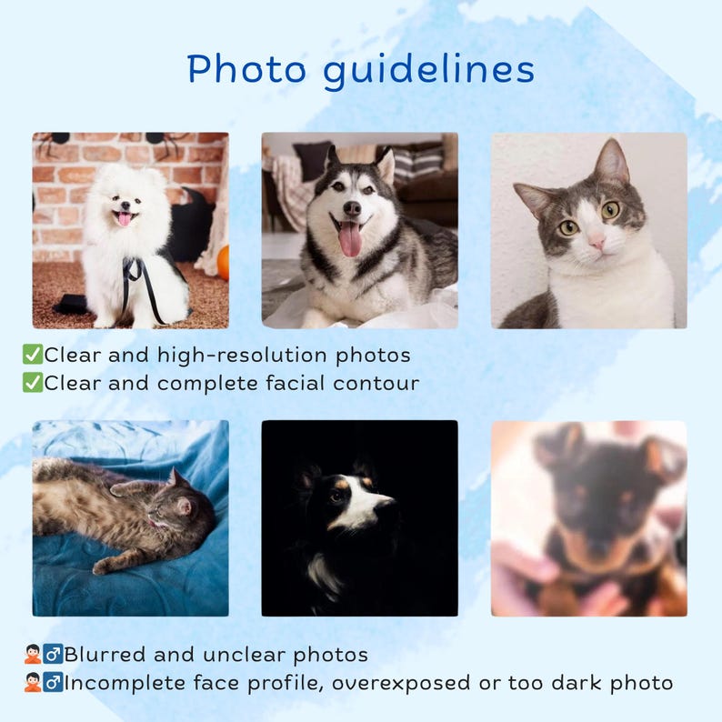 May include: A blue background with the text "Photo guidelines". The image includes examples of clear and unclear pet photos. The text also includes the phrases "Clear and high-resolution photos" and "Clear and complete facial contour".