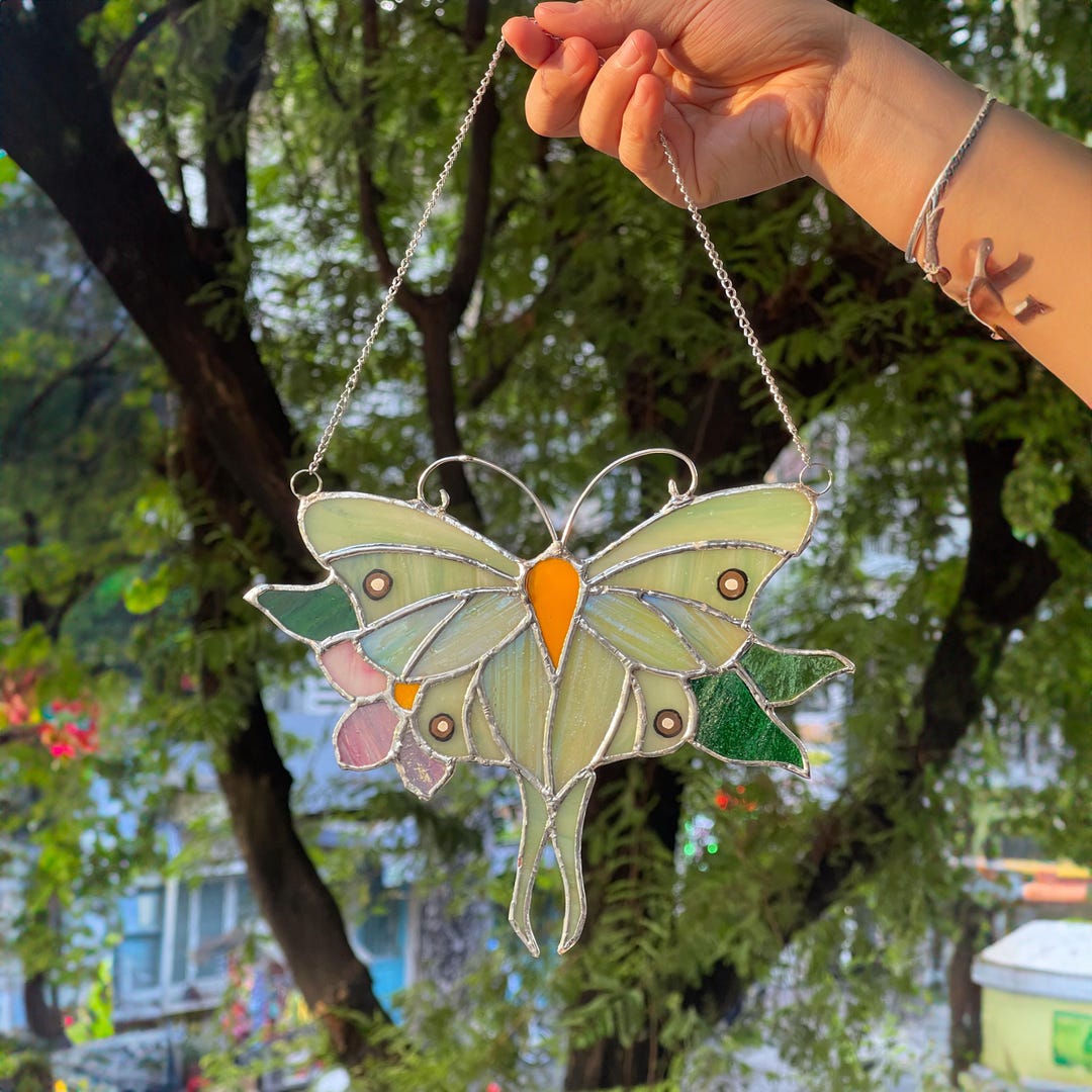 Lttle Green Moth Staned Glass // Moth Suncatcher // Moth Glass Art