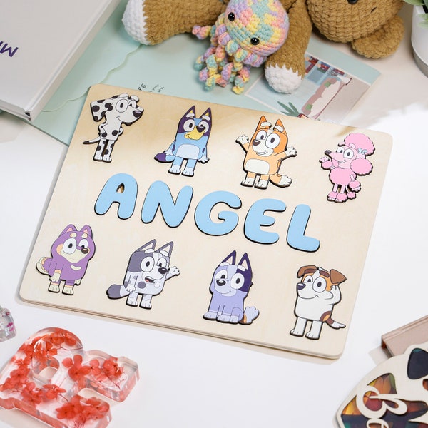 Personalized Blue dog Name Puzzle for kids Baby Name Puzzle Wooden Name Puzzle Baby Busy Board Montessori Toys