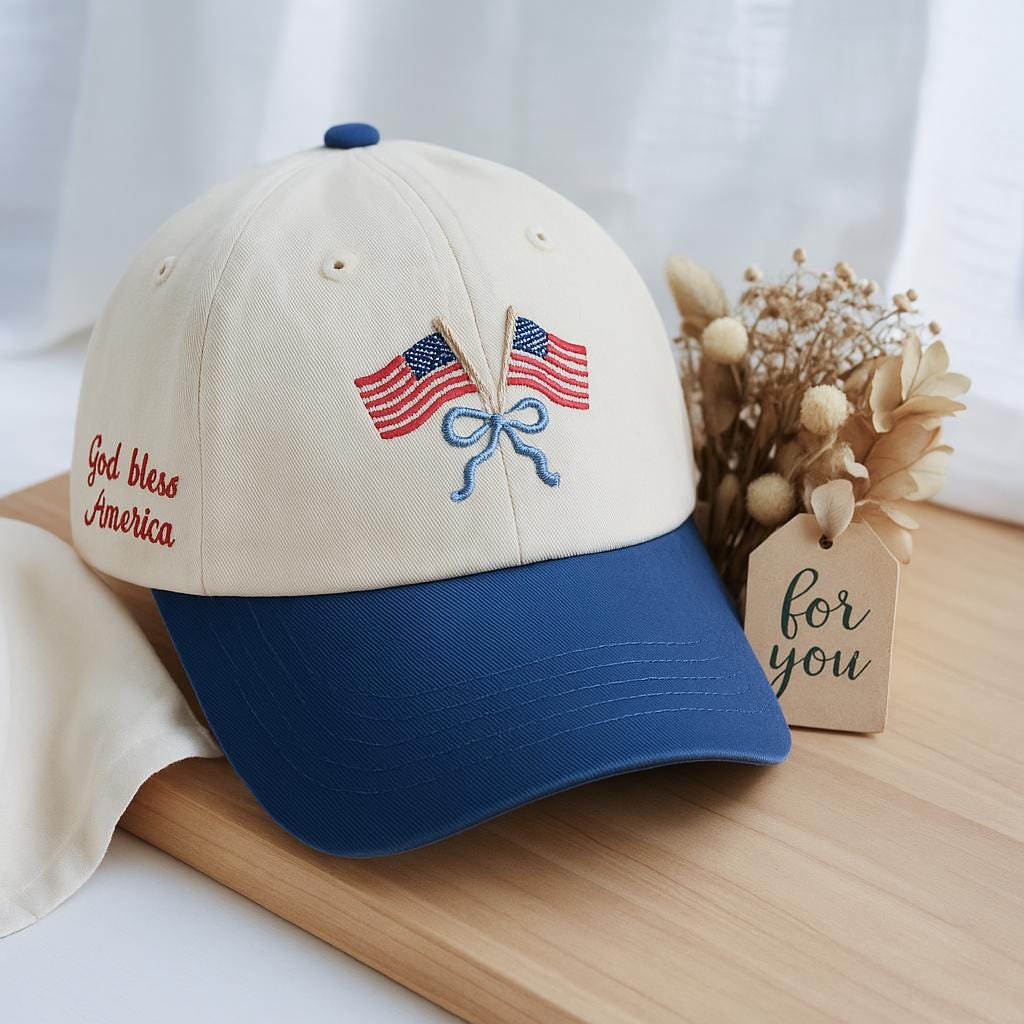 Embroidery american Flag with Coquette Bow baseball hat , Patriotic 4th of July Accessory, Coquette Bow Hat in Red White and Blue