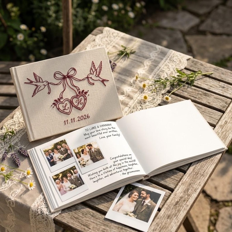 May include: A cream-colored fabric guest book featuring red embroidered swallows, a bow, and two hearts with the initials L and H, plus the date 11.11.2026. The open book displays printed photos and handwritten-style text messages.