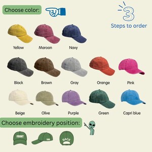 May include: A selection of baseball caps in various colors, including yellow, maroon, navy, black, brown, gray, orange, pink, beige, olive, purple, green, and capri blue. The image includes text that says "Choose color" and "Choose embroidery position".