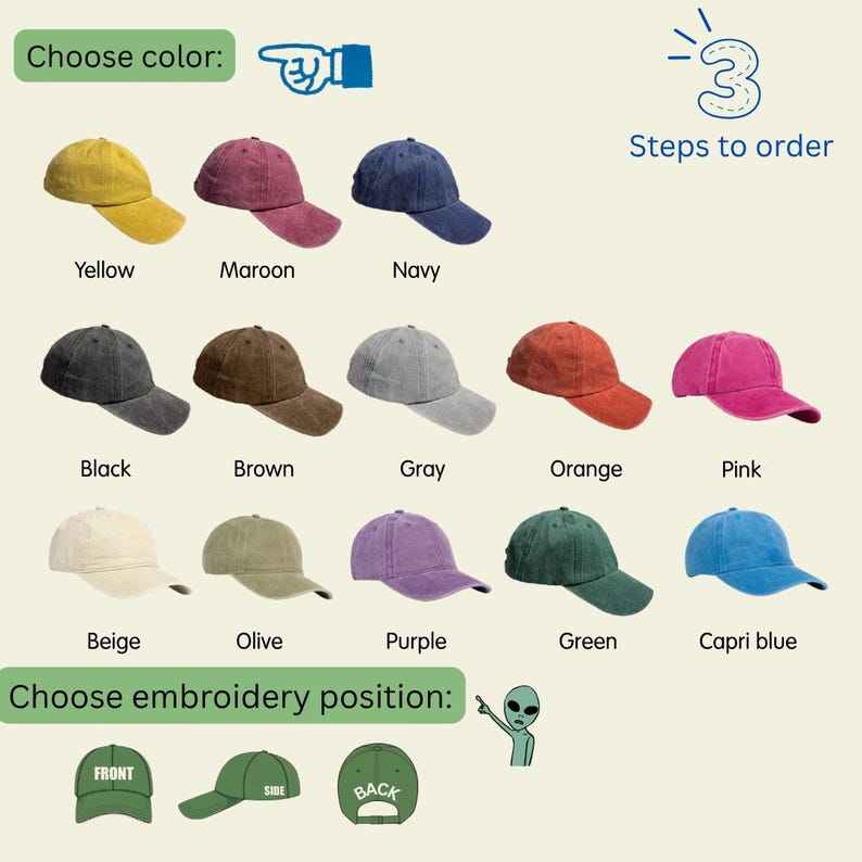 May include: A selection of baseball caps in various colors, including yellow, maroon, navy, black, brown, gray, orange, pink, beige, olive, purple, green, and capri blue. The image includes text that says "Choose color" and "Choose embroidery position".