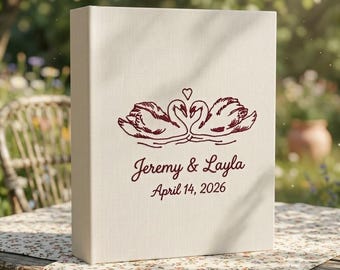 Personalized Embroidered Wedding Photo Album, Custom Swan Couple Linen Scrapbook, Personalized Wedding Memory Book