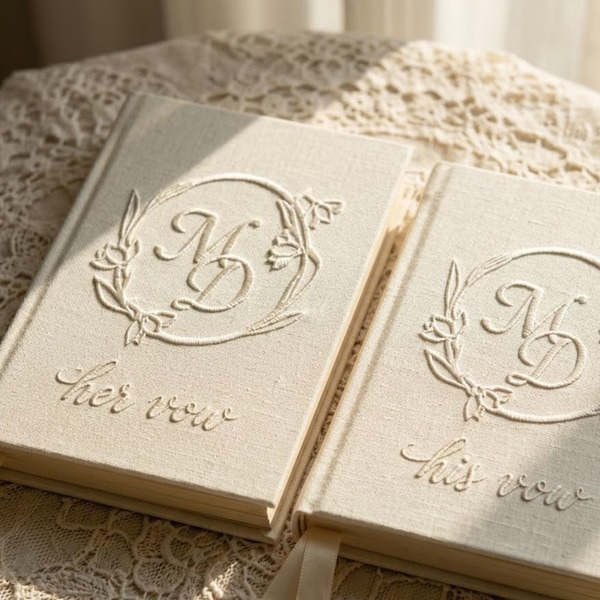 Custom Embroidered Monogram Vow Books, Linen Wedding Journal, Personalized His and Hers Vows Notebooks