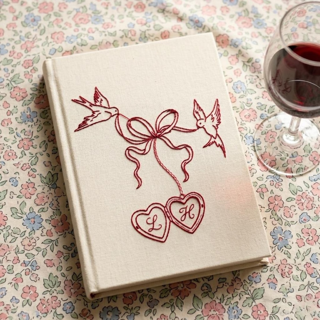 Personalized Love Birds Wedding Guest Book, Embroidered Linen Photo Album, Custom Initial Heart Keepsake, Memory Book, Anniversary Gift