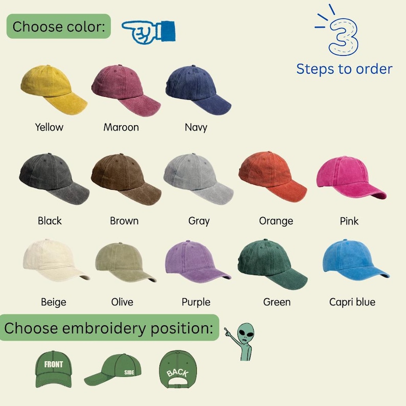 May include: A range of baseball caps in colours such as yellow, maroon, navy, black, brown, grey, orange, pink, beige, olive, purple, green, and capri blue. The image includes text that says "Choose colour" and "3 Steps to order", plus embroidery position options.