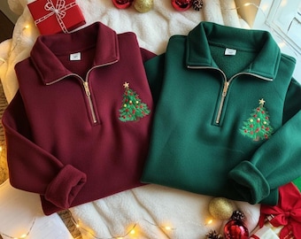 Personalized Christmas Tree Quarter Zip Sweatshirt – Custom Embroidered holiday matching shirt, Xmas pullover