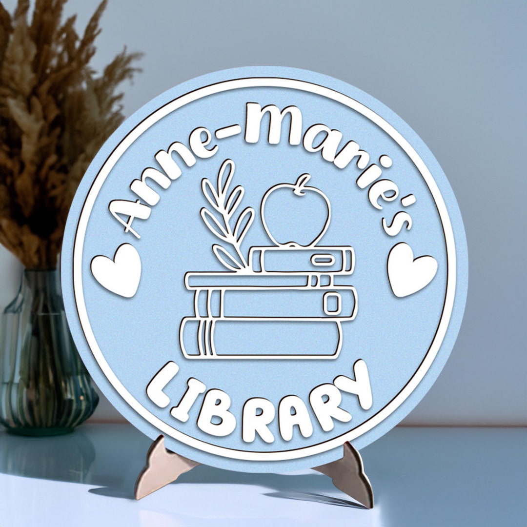 Custom Library Wooden Sign, 3D Wood Bookshelf Sign With Stand ...