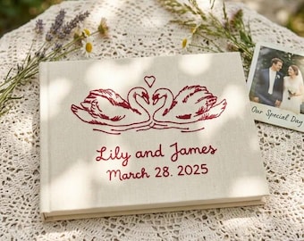 Custom Embroidered Wedding Guest Book, Personalized Swans Linen Photo Album, Polaroid Guestbook Notebook, Bridal Shower Gift