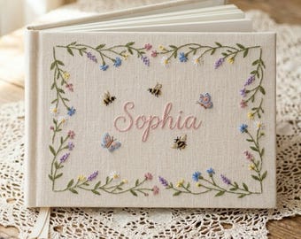 Personalized Hand Embroidered Photo Album, Linen Floral Baby Memory Book, Custom Name Wedding Guest Book