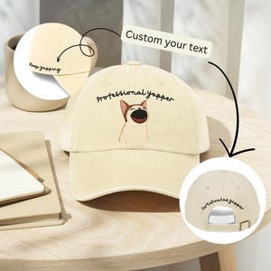 Embroidered Professional Yapper Cat Meme Hat, Funny Embroidered Pop Cat Cap, Custom Text Washed Beige Baseball Hat, Cat Lover Gift