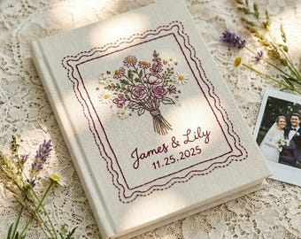 Libro de firmas para bodas personalizado bordado a mano, álbum de fotos de lino con diseño floral silvestre, libro de recuerdos personalizado, regalo para despedida de soltera