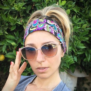 Tie Headband - Mystic Cat - Multi-colored paisley print with gold accents