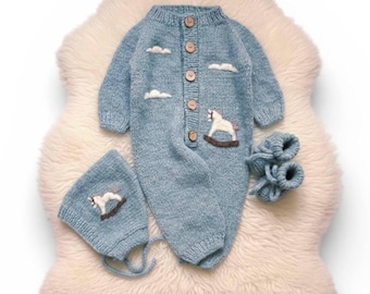 Knitted Baby Romper Set with Horse Embroidery, New Baby Gift, Alpaca Outfit Onesie with Bonnet and Socks