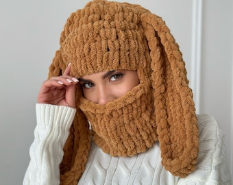 Pasamontañas divertido de punto con orejas de conejo, gorro de invierno cálido, ideal como regalo para novia, máscara de peluche con orejas de conejo.