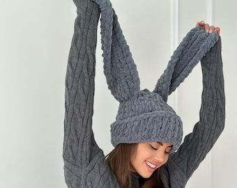 Bonnet cagoule en tricot à oreilles de lapin, cadeau pour soeur pour l'automne et à porter au quotidien, écharpe cagoule en laine au crochet faite main