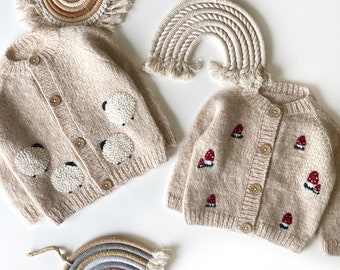 Adorable Knit Baby Cardigans - Customizable design - Lambs, Mushrooms - Handmade Knitted Sweate